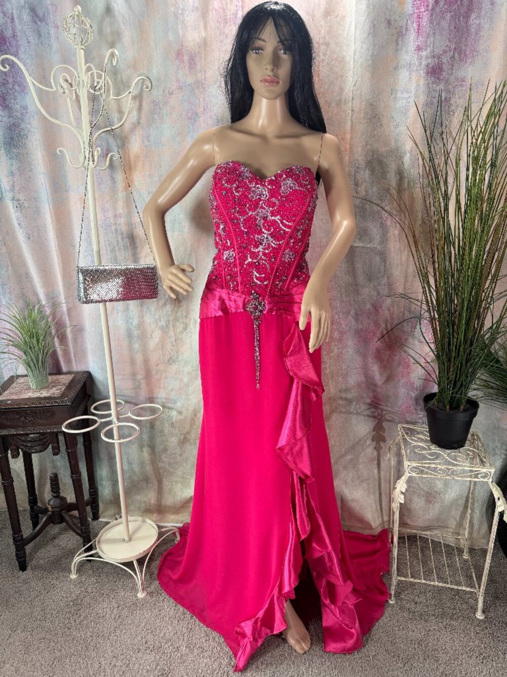 📌Fiesta Hot Pink Strapless Beaded Bodice & Ruffled Slit Formal - Prom Gown - Picture 6 of 15